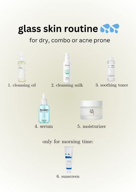 Perfect Skin Care Routine For Acne Prone Skin, Skin Care Routine For Combination Acne Prone Skin, Korean Skincare Routine Glass Skin, Korean Skincare Routine Simple, Combo Skin Skincare, Korean Daytime Skincare Routine, Dry Combination Skin Skincare Routine, Korean Combo Skincare, Korean Skincare Routine For Acne Prone Skin