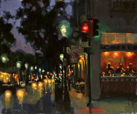 Oil City Painting, Painting Lights At Night, Street At Night Painting, Night Life Painting, Night Street Painting, City At Night Painting, City Night Painting, Painting Of A Room, Jennifer Diehl