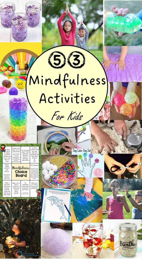 The pin is a collage with different images of activities kids can do for mindfulness from outdoor yoga, sensory bottles, sensory bags and printables. Mindfulness Art Activities, Quiet Toddler Activities, Mindful Activities For Kids, Mental Health Awareness Activities, Mindfulness Activities For Kids, Art Activity For Kids, Wellbeing Activities, Mindfulness Art, Mental Health Activities