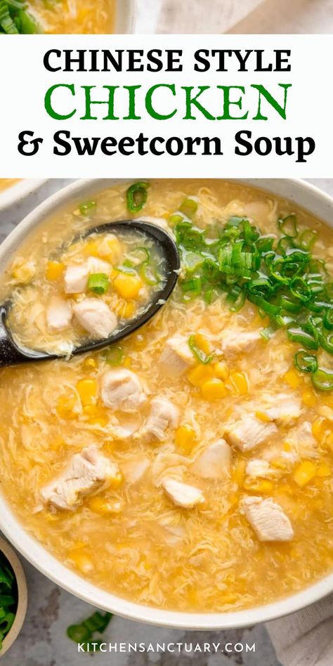 Chinese Chicken And Sweetcorn Soup, Chicken Sweetcorn Soup Chinese, Chicken And Sweetcorn Soup Recipe, Chicken Sweetcorn Soup, Ginger Soup Recipes, Sweetcorn Soup, Chicken Stock Recipe Dishes, Asian Chicken Soup, Chinese Chicken Soup