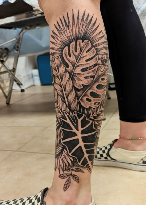 A white leg, featuring a tattoo on the outer left calf, blackwork/dotwork tropical leaves, thick linework, illustrative, flowy. Leaf Leg Sleeve Tattoo, Leg Sleeve Theme Tattoo Designs, Half Leg Sleeve Tattoo Calf, Calf Sleeve Women Tattoo, Plant Tattoo Leg, Leaves Tattoo Sleeve, Nature Leg Tattoo, Plant Leg Tattoo, Half Leg Sleeves For Females