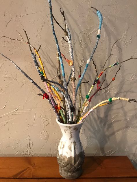 Some of my wrapped stick art! Wood Stick Art Craft Ideas, Fabric Wrapped Sticks, Tree Stick Crafts, Decorating With Sticks Branches, Art With Sticks Tree Branches, Twig Art Diy Wall Hangings, Stick Art Branches, Art With Sticks, Sticks Decor