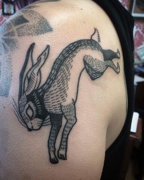 Desert Hare Tattoo, Jumping Hare Tattoo, Fox Hare Tattoo, Bunny Sleeve Tattoo, Jackrabbit Tattoo, Watership Down Tattoo, Tattoo Ideas Knee, Hare Tattoo, Faerie Tattoo