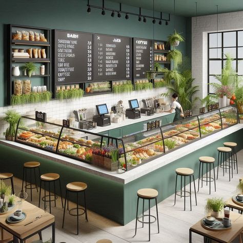 Healthy Food Shop Design, Food Counter Design Restaurant, Sandwich Cafe Interior, Salad Restaurant Design, Salad Bar Design, Healthy Restaurant Design, Salad Bar Restaurants, Mini Cafeteria, Salad Restaurant