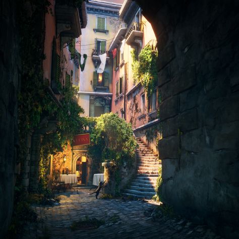 ArtStation - Cozy Italian Alley, Stijn van Gaal Alley Concept Art, Italian Alley, Environment Artist, Cozy Environment, Environment Reference, Van Gaal, Level Design, Environment Design, 판타지 아트