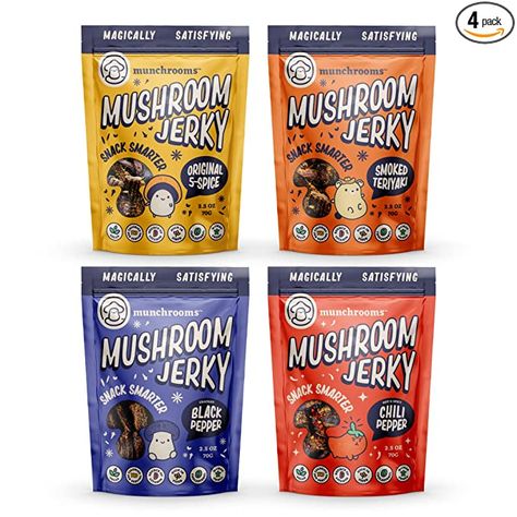 Jerky Packaging Design, Mushroom Packaging Design, Mushroom Jerky Recipe, Mushroom Jerky, Snacks For Adults, Spicy Mushroom, Vegan Jerky, Jack Links, Snacks Vegan