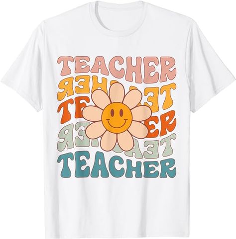 Retro Teacher Daisy Colorful - Elementary School Teacher T-Shirt First Day Of School Teacher Outfit, School Teacher Outfit, Teacher Clothes, Halloween Math, Retro Daisy, College T Shirts, Middle School Teachers, Teacher Outfit, Elementary School Teacher