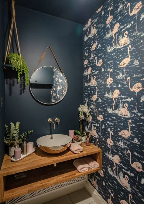 Downstairs Toilet Ideas, Cloakroom Wallpaper, Small Toilet Decor, Wallpaper Toilet, Small Downstairs Toilet, Cloakroom Toilet, Toilet Ideas, Downstairs Cloakroom, Toilet Room Decor