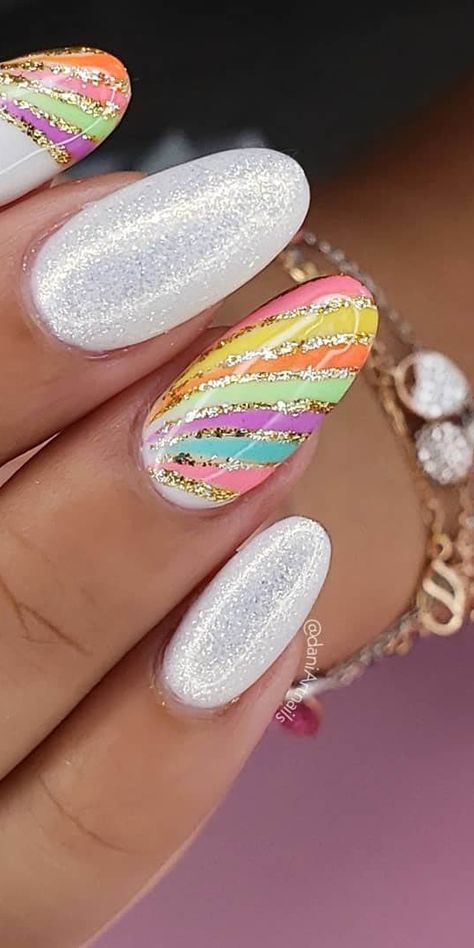 Rainbow Wedding Nails, White Nails With Rainbow Designs, White And Rainbow Nails, Cute Rainbow Nails, Nail Art Rainbow, Rainbow Gel Nails, Funky Nail Art Designs, Rainbow Nail Art Designs, Bright Nail Art