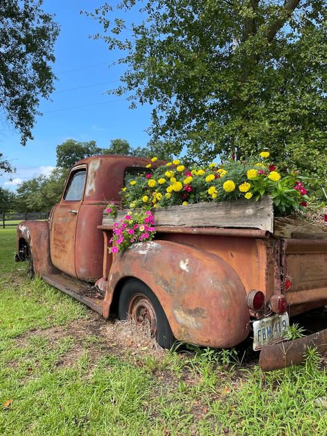 An old rusted truck with a flat tire is used as a flower planter, holding a wooden box filled with colorful flowers. The truck is parked on grass with trees in the background, making it one of the best places to visit in Thoroughbred Country, South Carolina. Old Truck Flower Bed, Truck Waterfall, Truck Planter, Truck Garden, Land Development, Truck Decor, Car Bar, Flower Truck, Old Truck