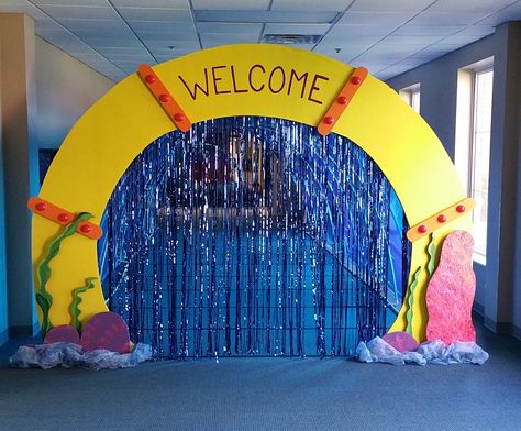 2016 VBS - Submerged at First Baptist Church, Lewisville. Tunnel Entrance constructed with 1" foam-board. Each day additional sea creatures will be added to the exterior. Jonah Decorations Vbs, Sea Vbs Decorations, Scuba Vbs Entrance, Under Water Vbs Decorating Ideas, Under The Sea Hoco Float, Ocean Themed Hallway, Under The Sea Cutouts, Sea Of Miracles Vbs, Pier Decorating Ideas