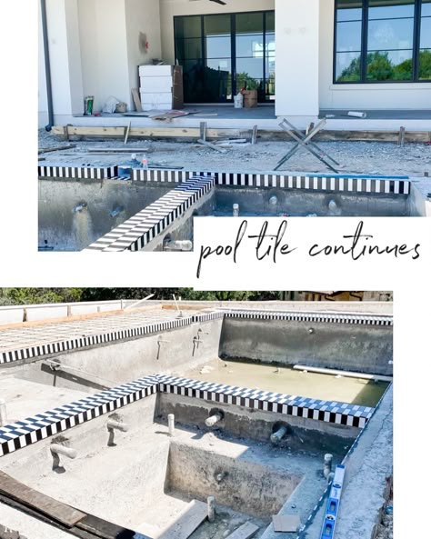 Black White Pool Tile, Zellige Pool Waterline, White Tile Waterline Pool, White Water Line Pool Tile, Vertical Pool Tile, Black And White Pool Tile Waterline, Outdoor Living Pool Area, Penny Tile Pool Waterline, Water Line Pool Tile Ideas