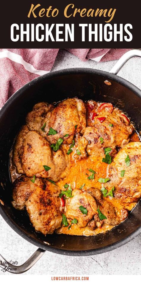 If you're looking for a quick, easy, and delicious dinner, this juicy keto chicken thighs recipe will not disappoint! This flavorful dish is tender and juicy, plus it's served with a decadent sauce that will leave your tastebuds wanting more. #lowcarb #lowcarbrecipe #ketorecipe #ketodiet #lchf #paleo #easydinner #easyketodinner | LowCarbAfrica.com Chicken Thigh Recipes Keto Low Carb, Chicken Thigh Keto Recipe, Keto Chicken Leg Recipes, Chicken Thigh Keto, Low Carb Chicken Thigh Recipes, Keto Chicken Thighs, Chicken Thighs Dinner, Keto Chicken Thigh Recipes, Creamy Chicken Recipes