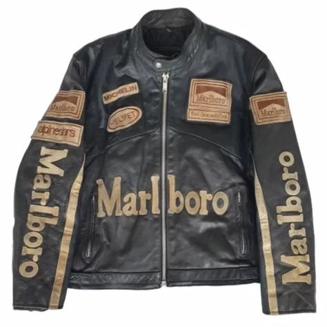 Arrow Marlboro Leather Jacket Vintage Racing Rare Motorcycle Biker Mens Leather Jacket - uhuhum Racing Leather Jacket, Orange Puffer Jacket, Leather Applique, Leather Jacket Vintage, Jacket Store, Best Leather Jackets, Biker Men, Men's Leather Jacket, Aviator Jackets