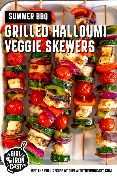 Every backyard BBQ needs grilled vegetable skewers with halloumi! The savory, chewy cheese tastes even better when charred on the grill. Skewer the halloumi on kebabs with zucchini, peppers, onion, and tomatoes soaked in a Greek-inspired marinade for an extra pop of flavor. Then grill until golden, tender, and caramelized. Quick and easy! Bbq Kebabs Skewer Recipes, Veggie Kebabs Skewers, Vegetable Kebabs On The Grill, Halloumi Skewers, Tomato Skewers, Grilled Vegetable Skewers, Vegetable Kebabs, Produce Recipes, Vegetable Skewers