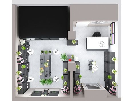 Flower Shop Floor Plan, Florist Shop Interior Inspiration, Florist Shop Interior, School Interiors, Shop Architecture, Flower Shop Interiors, Sims Challenge, Florist Studio, Plant Store