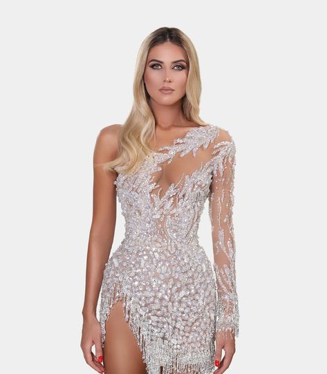 Albina Dyla Albina Dyla Dresses, Glam Dress Short, Short Cream Dress, Albina Dyla, White And Silver Dress, Bridal Gowns Mermaid, Bridal Ball Gown, Prom Dress Inspiration, Sleeved Dress