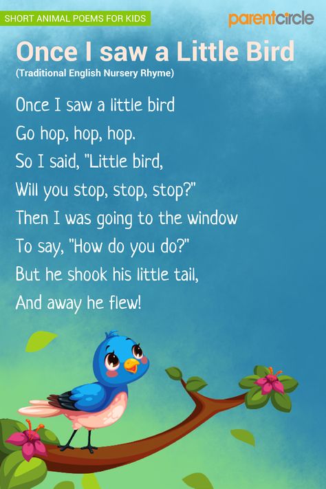 Once I saw a Little Bird - Poem for Kids Bird Rhymes Preschool, Songs About Birds Preschool, Bird Songs For Toddlers, Nursery Poems Kids Songs, Bird Books For Toddlers, Bird Songs Preschool, Poems For Babies, Birds Kindergarten Activities, English Rhymes For Kids