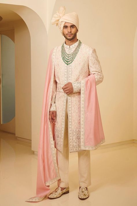 Light Pink Floral Embroidered Sherwani Set Pink Sherwani For Groom, Pink Sherwani, Sherwani For Groom, Varun Bahl, Cutdana Work, Groom Sherwani, Embroidered Sherwani, Pink Anarkali, Sherwani Groom