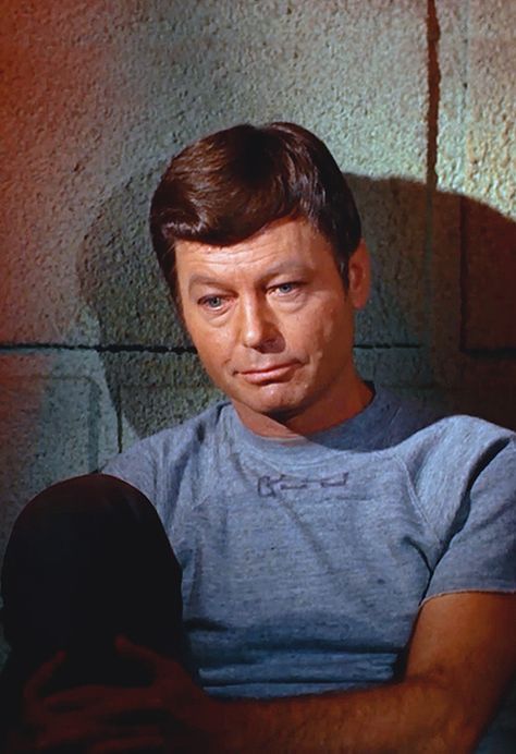 DeForest Kelley was the oldest member of the TOS crew.  He described himself as shy and the only cast member to not engage in feuds with the others, as well as the only one not to write a memoir.  Even though he never attained the same fame as Shatner & Nimoy, he was thankful that he was the only one of the three to stay married.  <3  (source, wikipedia) Dr Mccoy, Deforest Kelley, Leonard Mccoy, Spock And Kirk, Star Trek 1966, Star Trek Tv, Star Trek Original Series, Star Trek Series, Star Trek Images