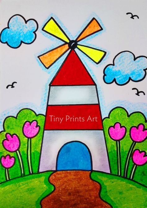 Fork Painting For Kids, Best Drawing For Kids, Easy Drawing Ideas For Kids, Basic Drawing For Kids, Cool Drawings For Kids, Scenery Drawing For Kids, Drawing Classes For Kids, Boarders Designs For Projects