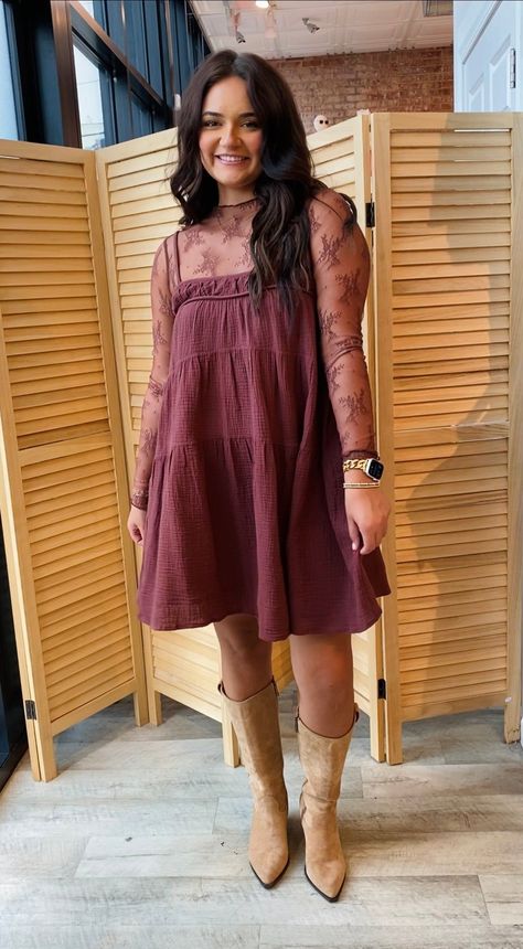 Boots With Fall Dresses, Womens Fall Western Fashion, Winter Long Sleeve Dress, Sheer Long Sleeve Top Under Dress, Mesh Top Styling, Styling Summer Dresses For Fall, Fall Western Dresses, Dress With Lace Undershirt, Lace Top Under Dress