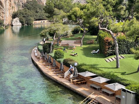 Lake, athens, greece, spring, natural waters, thermal, lake vouliagmeni, swim, green Riverside Resort Design, Lake Vouliagmeni, Desert Home Exterior, Lake Vouliagmeni Athens, Mediterranean Resort Architecture, Eco Resort Architecture Concept, Sea Resort Architecture, Community Living, Artificial Lake