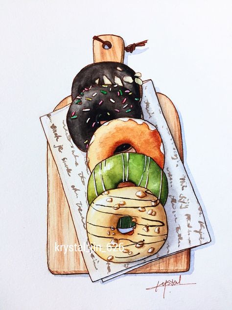 Donut Drawing, Donut Art, Markers Drawing Ideas, Sketchbook Watercolor, Food Artwork, Food Illustration Art, Watercolor Food, Food Painting, Painting Art Lesson