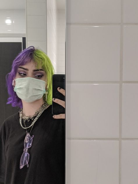 Split Green Hair, Split Purple Hair, Green And Purple Hair Split, Neon Green And Purple Hair, Half Green Half Purple Hair, Purple And Green Split Dye, Green And Purple Hair Ideas, Purple Split Dyed Hair, Hairdye Ideas Grunge