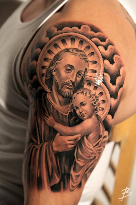 St. Joseph Tattoo Religious Tattoos For Men, Catholic Tattoos, Cherub Tattoo, Cross Tattoo For Men, Wrist Tattoos For Guys, Samoan Tattoo, Jesus Tattoo, Facial Tattoos, Religious Tattoos