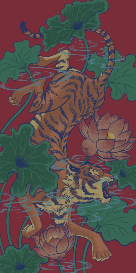 JUMP Water Tiger Art, Tiger Aesthetic Wallpapers, Water Tiger Tattoo, Tiger Art Wallpaper, Tiger Wallpaper Aesthetic, Cute Tiger Wallpaper, Animals In Water, Tiger Illustration Art, Tiger Mural