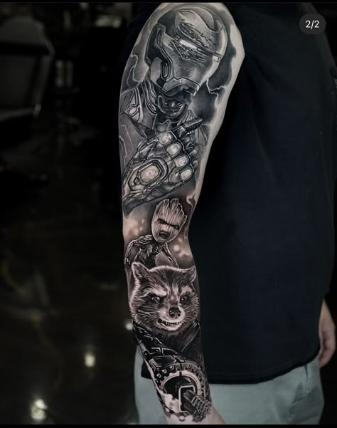 Marvel Tattoo Sleeve Black And White, Marvel Sleeve Tattoo For Men, Guardians Of The Galaxy Tattoo Sleeve, Marvel Leg Tattoo, Marvel Leg Sleeve Tattoo, Avengers Sleeve Tattoo, Marvel Sleeve Tattoo, Avengers Tattoo Ideas, Marvel Tattoo Design