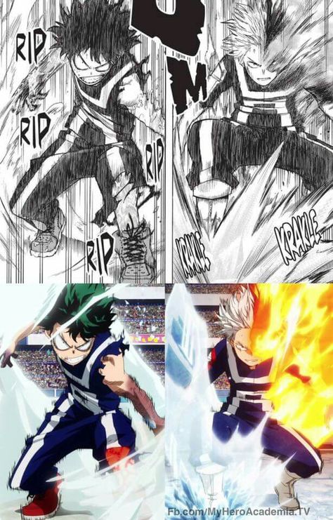 Anime Vs manga Izuku Midoriya Sports Festival, Deku Sports Festival, Ua Sports Festival, Deku Vs Todoroki, Todoroki Manga, Last Game Manga, Manga Vs Anime, Sports Festival, Arm Drawing