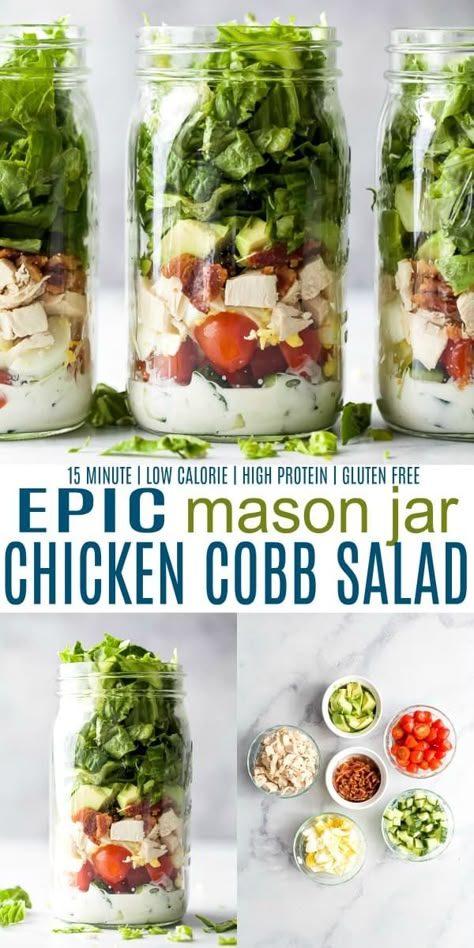 An Epic Mason Jar Cobb Salad with a light yogurt based ranch dressing! This easy mason jar salad is filled with chicken, hardboiled egg, crispy bacon, tomato, cucumber and avocado for one dynamite bite. An easy meal prep lunch that's sure to fill you up and leave you satisfied. #chickensalad #glutenfree #highprotein #lunchidea #mealprep Keto Salad Jar Recipes, Chicken Mason Jar Meals, Salad Recipes Mason Jar, Cob Salad Mason Jar, Jar Meal Prep Healthy, Green Goddess Mason Jar Salad, Mason Jar Work Lunches, Spinach Mason Jar Salad, Chicken Salad Jar Recipe