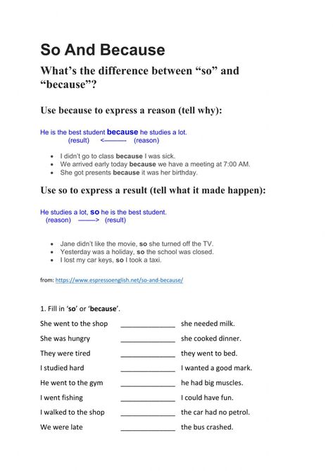 So And Because Worksheet, So Because Worksheet, Conjunctions Worksheet, Good Student, English Worksheets For Kids, English As A Second Language (esl), Parts Of Speech, English As A Second Language, Fourth Grade