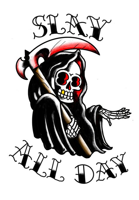 American Traditional Tattoos Funny, American Traditional Reaper Tattoo, Tattoo Designs Full Sleeve, New School Tattoo Designs, Traditional Tattoo Old School, Minimalist Tattoo Ideas, Grim Reaper Tattoo, Nerd Tattoo, Tattoo Outline Drawing