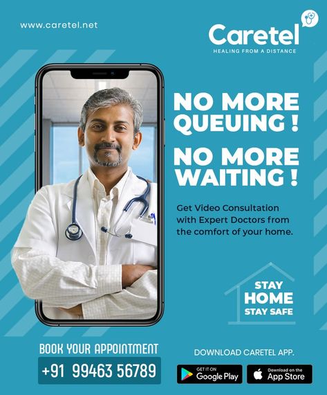 No More Queuing! No More Waiting! Get Video Consultation With Expert Doctors From The Comfort Of Your Home. STAY HOME STAY SAFE. For Consultation Appointment Call Us Now: 9946356789 #Caretel #Onlinedoctor #Health #Hospital #Doctor #Telemedicine #TeamCaretel Doctor Ads Creative, Hospital Creative Ads, Hospital Ads, Online Doctor Consultation, Healthcare Ads, Medical Projects, Doctor Consultation, Emergency Doctor, Hack Facebook