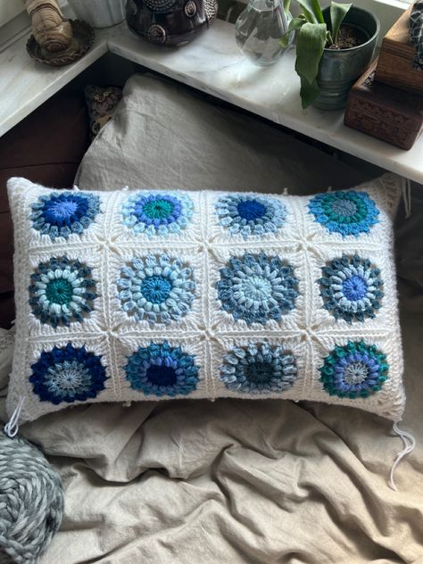 #crochet #blue #grannysquare #pillow #handmade #crochetideas #aesthetic Mama Mia Bedroom Aesthetic, Mama Mia Crochet, Mama Mia Bedroom, Granny Square Pillow, Disney Polynesian, Granny Style, Enchanted Tiki Room, Dorm Inspo, Blanket Ideas