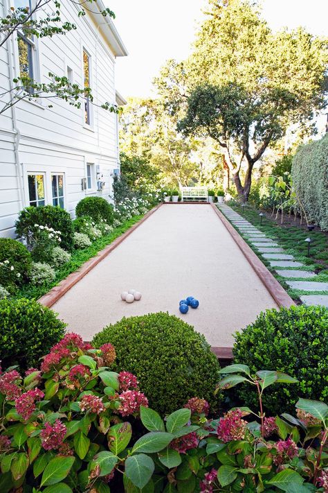 bocce ball at home Bocce Ball Court, Bocce Court, House Beautiful Magazine, Bocce Ball, Side Yard, Outdoor Oasis, The Ranch, Backyard Design, Backyard Landscaping Designs