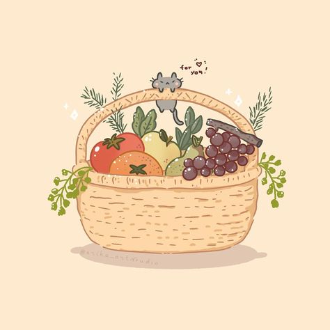 Third entry of the drawing challenge #blossominapril24 hosted by @daiandqin @jackthecupcake @lenasscribbles @melissazumbrink @moonie.coco @nimoontales @cafewhimsy @prismiya #cat #fruitsbasket #spring #kawaii #cute #kawaiiartstyle #cutecat Fruit In Basket Drawing, Basket Of Fruits Drawing, Fruit Basket Sketch, Picnic Basket Drawing, Fruit Basket Illustration, Fruits Basket Drawing, Fruits Basket Aesthetic, Fruit Basket Painting, Picnic Basket Ideas