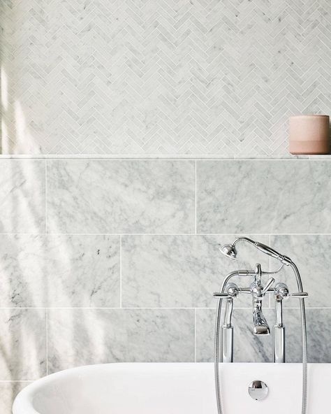 Claybrook UK on Instagram: “Marble is set to continue in popularity for use in bathrooms due to its timeless appeal and authentically elegant nature. Our Brookhaven…” Mosaic Floor Bathroom, Blue Herringbone Tile, Large Tile Bathroom, Grey Marble Tile, Wet Room Flooring, Grey Wall Tiles, New House Bathroom, Marble Wall Tiles, Bathtub Remodel