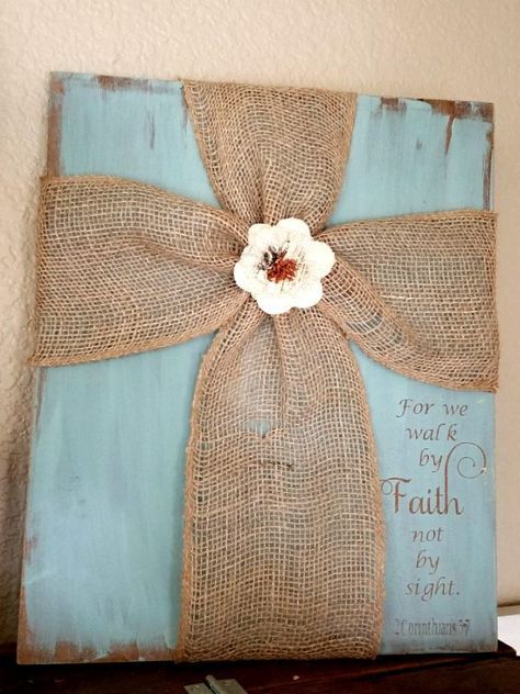 How to Make a Beautiful Cross with Ribbon.  Add some scripture to a DIY wood sign with a burlap cross.  Easy DIY decor or gift idea! #cricutmade #bibleverse #woodsigns Diy Wood Sign, Burlap Cross, Faith Crafts, Wood Projects For Beginners, Easy Diy Decor, Christian Crafts, Diy Burlap, Cross Crafts, Burlap Crafts