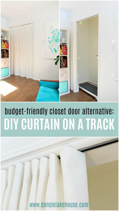 Make a Curtain Panel for a Closet | Hiding a Home Gym Inside a Closet Laundry Room Curtains, Closet Door Alternative, Curtains For Closet Doors, Closet Curtain, Curtain Sewing, Door Alternatives, Diy Closet Doors, Making Curtains, Diy Curtain