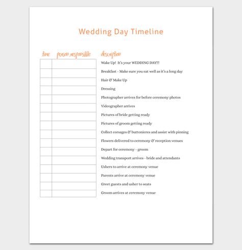 Wedding Timeline Template Wedding Planning Timeline Printable, Destination Wedding Timeline, Event Timeline, White Bridal Party, Wedding Day Timeline Template, Event Planning Timeline, Reception Timeline, Wedding Day Itinerary, Wedding Reception Timeline