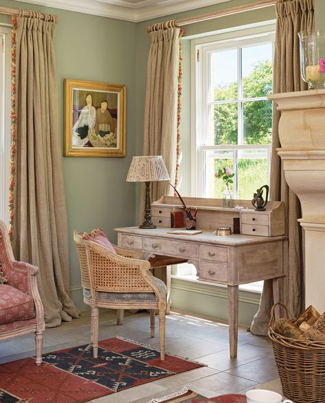 Susie Watson on the secrets of a well-loved home - Country Life Elegant Paint Colors, Work Space Desk, Sophisticated Background, Beautiful Dressing Table, Balcony Storage, Curtains To Go, Home Work Space, Green Pigeon, Susie Watson