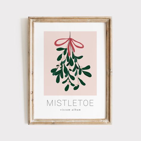 Framed Christmas Art, Mistletoe Print, Christmas Wall Prints, Pink Christmas Decor, Wall Art Pastel, Pastel Christmas, Poster Pink, Minimal Christmas, Pink Christmas Decorations