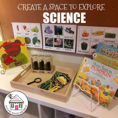 Ideas and suggestions for creating a Science space for children in your childcare program. Science Center Preschool, Weather Activities For Kids, Science Area, Playdough To Plato, Starting A Daycare, Daycare Forms, Science Space, Daycare Ideas, Home Daycare