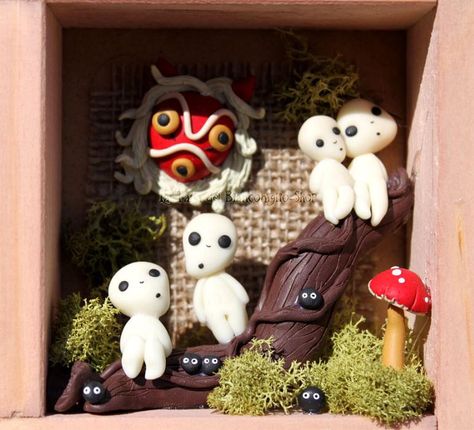 Princess Mononoke Clay Art, Princess Mononoke Crafts, Kodama Terrarium, Ghibli Room, Studio Ghibli Party, Polymer Charms, Studio Ghibli Crafts, Clay City, Ghibli Studios