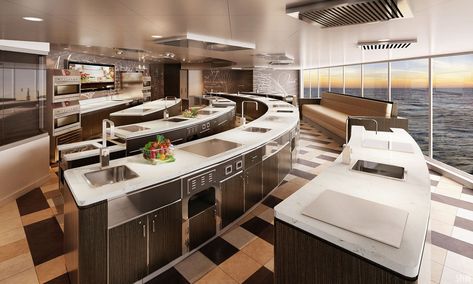 Seven Seas Explorer's newest addition: A professional teaching kitchen Cooking School Design, Cooking Class Kitchen, Cooking Classes Design, Cooking School Kitchen, Culinary Arts Schools, Sea Explorer, Classroom Interior, Bakers Kitchen, Kitchen Design Pictures