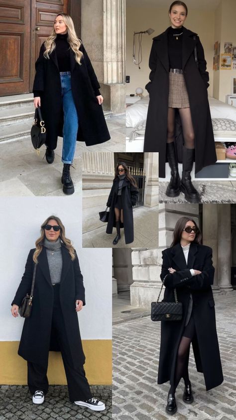 Inspiração look sobretudo inverno Winter Fashion Outfits Europe, Long Black Coat Winter Outfit, Paris Outfits November, Nyc November Outfit, Black Overcoat Outfit Women, Las Vegas Outfit Winter, Couples Winter Outfits, Vegas Outfits Winter, Black Wool Coat Outfit